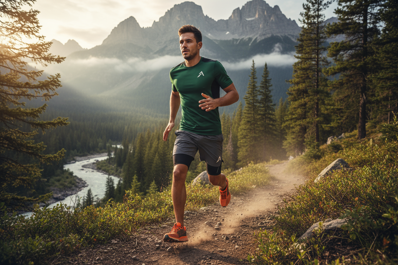 Man running through wilderness with Atria Atheltics clothes and small logo print on corner of the shirt